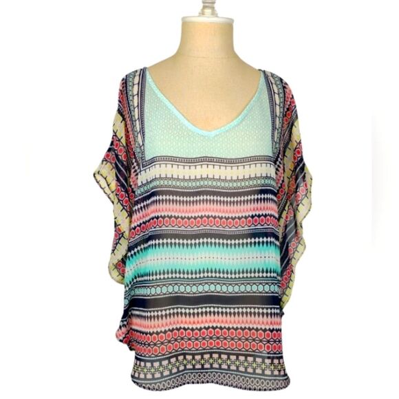 AGB Sheer Blouse Top Meduim Geometric Design Vneck Pink Yellow Green Blue White - Picture 1 of 16